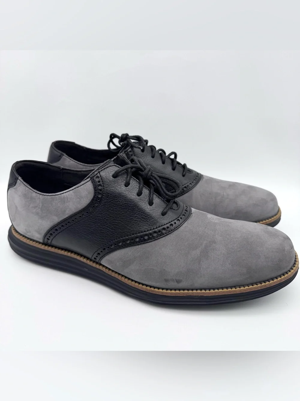 Cole Haan Original Grand Saddle Shoes Black Gray Nubuck Men’s 12 M NWOB